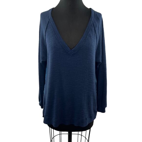 Anthropologie Pilcro Blue Sweater Top Plaid Plunge Neck Inverted Pleat Size XS - Picture 1 of 10